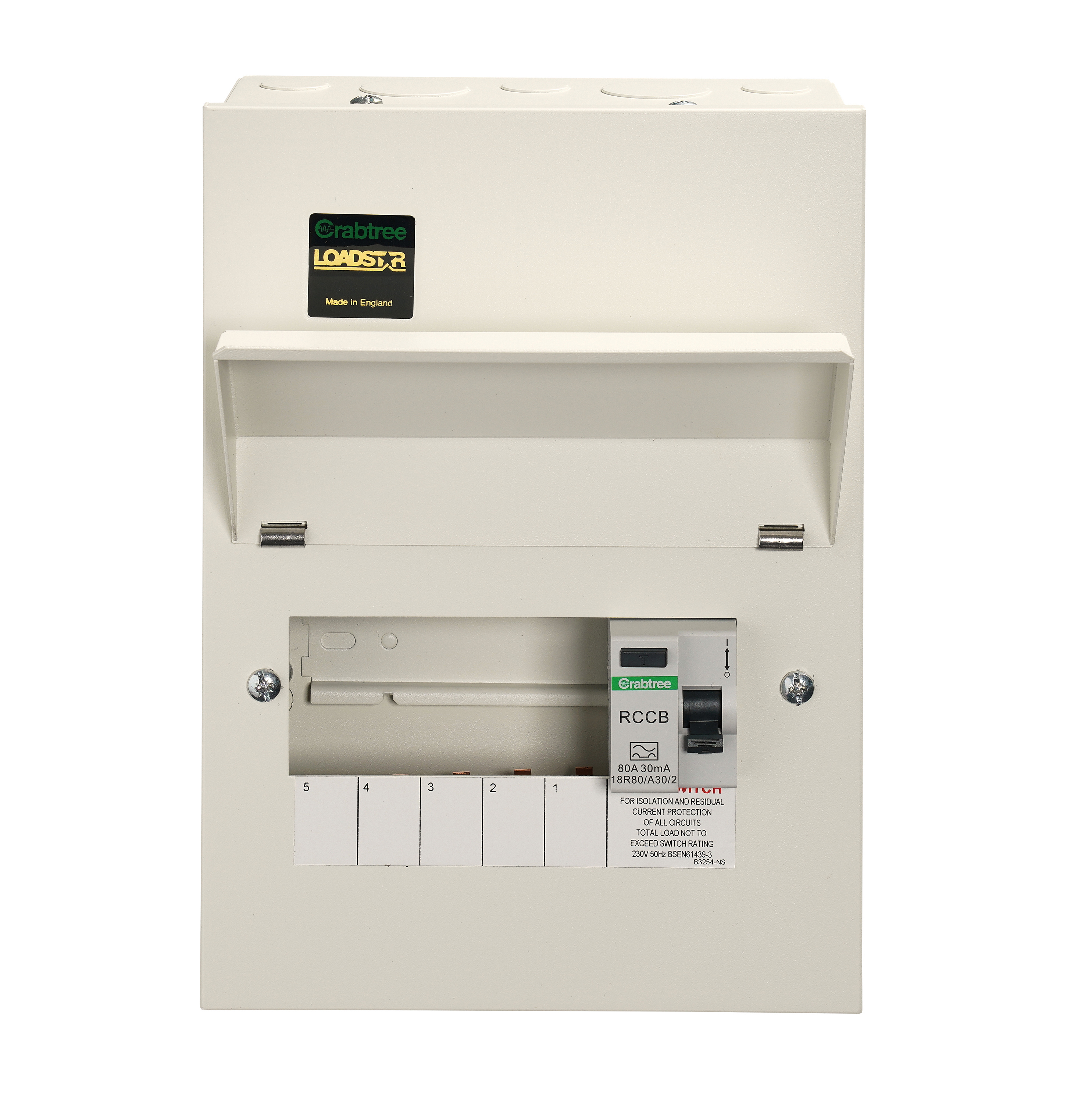 5 Way Consumer Unit RCD Incomer 80A 30mA, Flexible Configuration